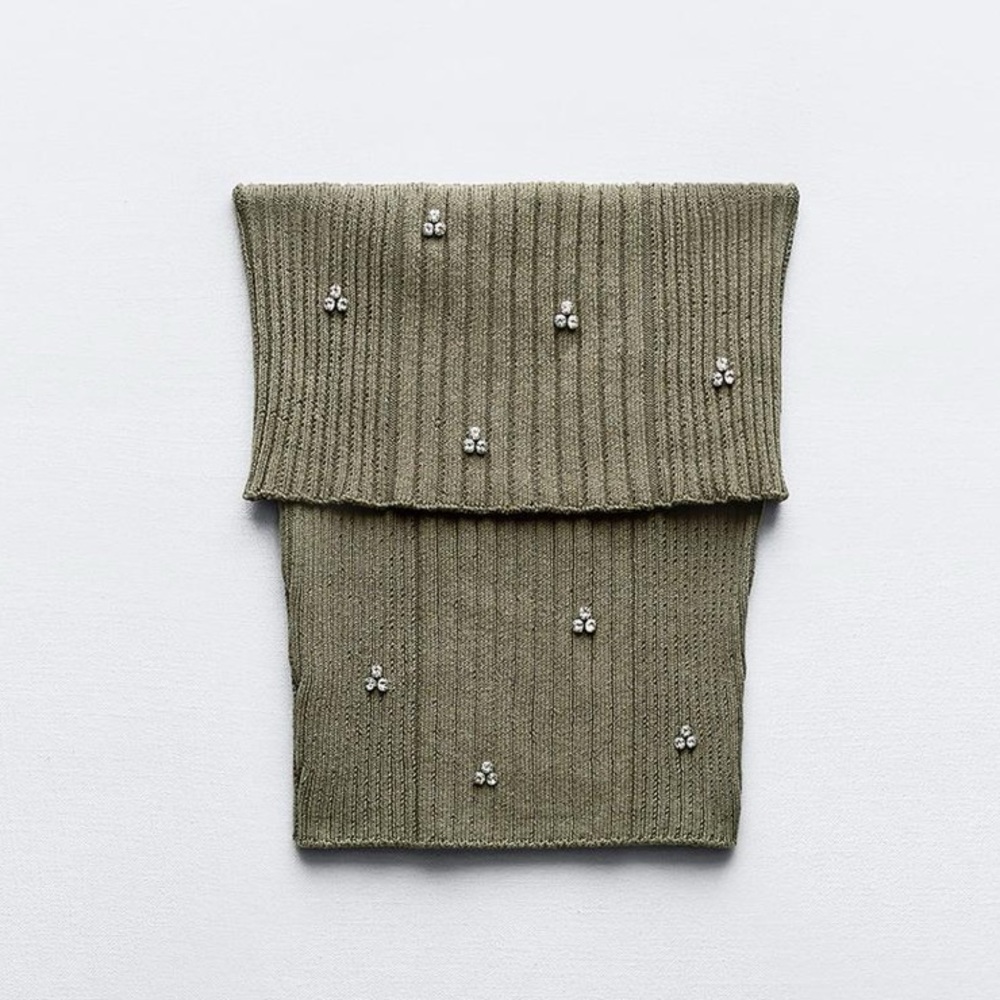 Zara Embellished Off-Shoulder Olive Green Ribbed Top